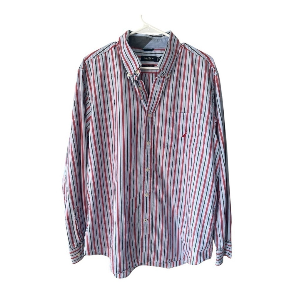 NAUTICA Men’s A Bit Trimmer Button Down Shirt white, gray, blue & red Size XL